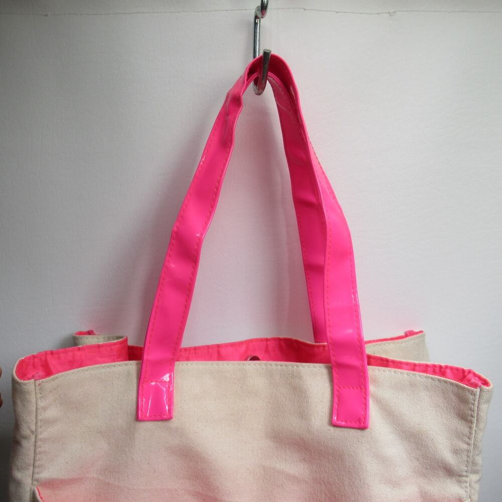 Juicy Couture Canvas Palm Trees Beach Tote Handbag L Ivory Hot Pink Lined Bag - Picture 4 of 16